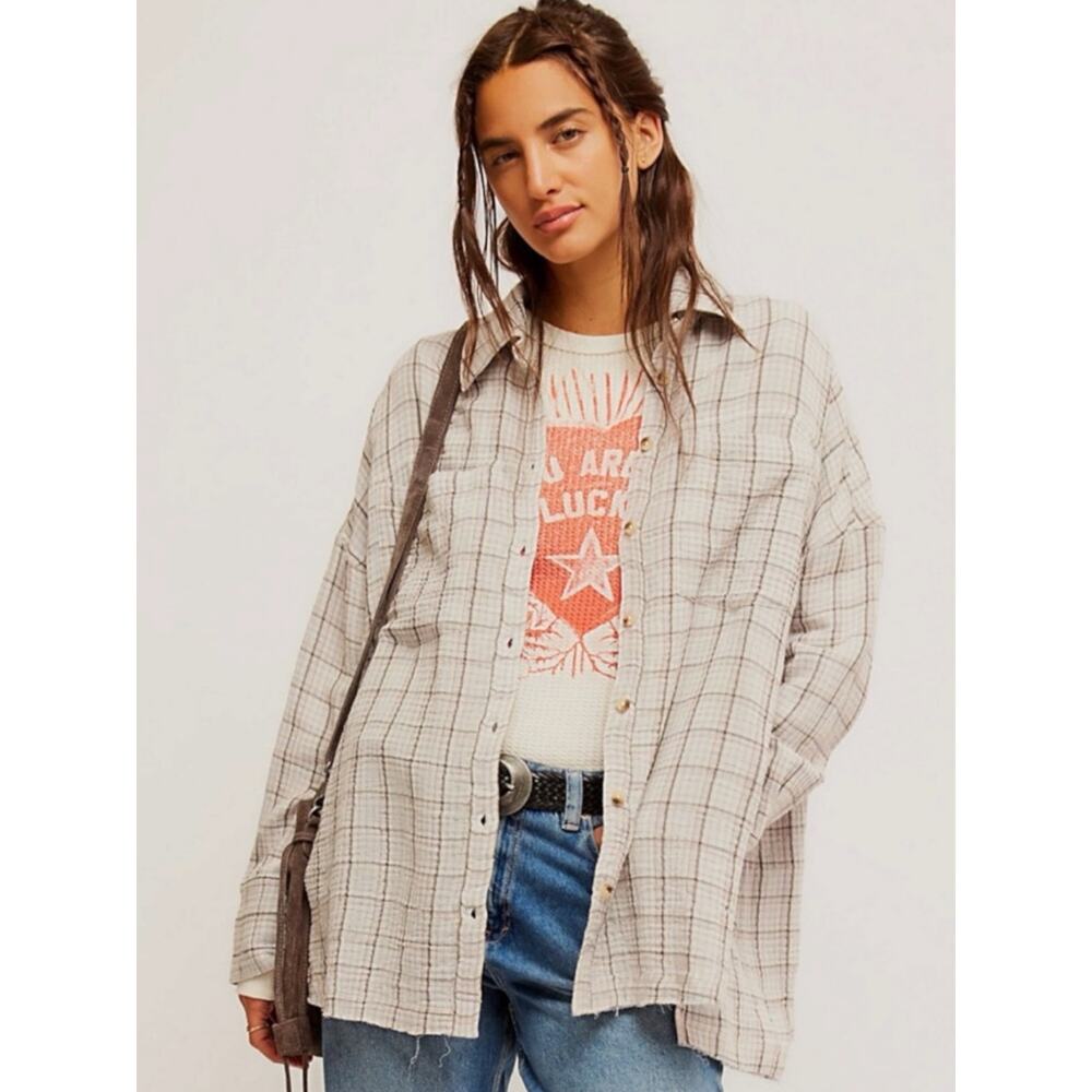 Free People Oversized Bohemian Grunge 90s Fall Cardiff Plaid Top Shirt Large - Picture 3 of 10